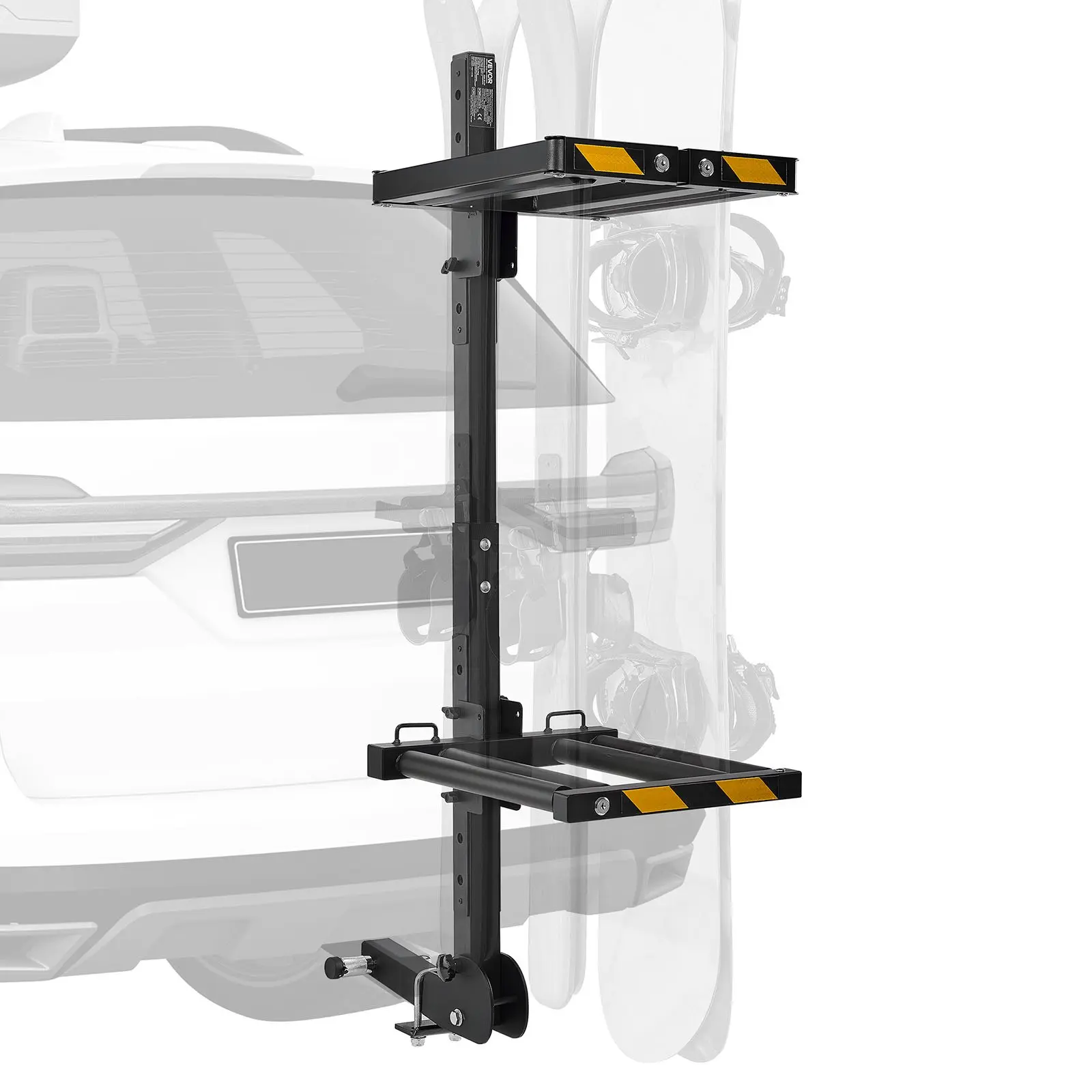 Folding Hitch Mounted Ski Snowboard Rack, Fits 2-Inch Receiver, Carries up to 6 Pairs of Skis or 4 Snowboards, Adjustable Hitch-Mounted Rack for Car with Key Lock, Security Strap, Tilt Access
