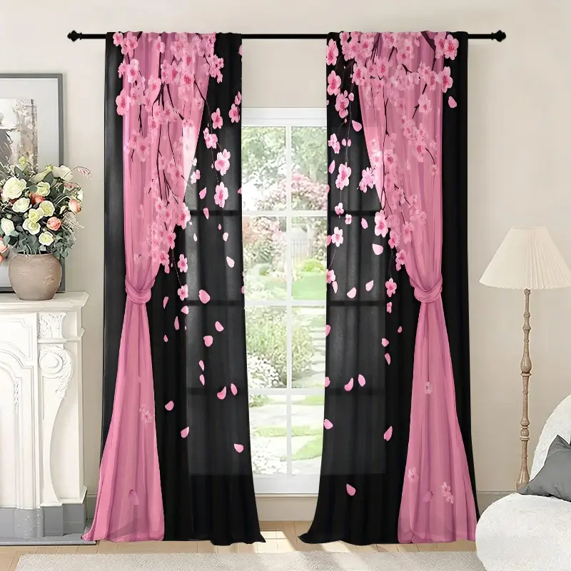 2pcs Cherry Blossom Curtains, Geometric Pattern, Polyester Semi-Transparent, Rod Pocket, Fade Resistant, for Bedroom & Living Room, Sheer Curtain