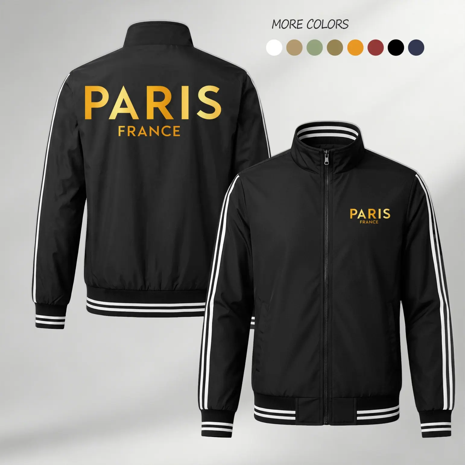 Male Sporty Chic Black Paris France Lightweight Rib-Stand Collar Zip-Up Track Jacket, Breathable Long-Sleeve Sports Outerwear with Front Chest & Back Letter Graphic Print, Casual Coat for Spring Fall Daily Wear