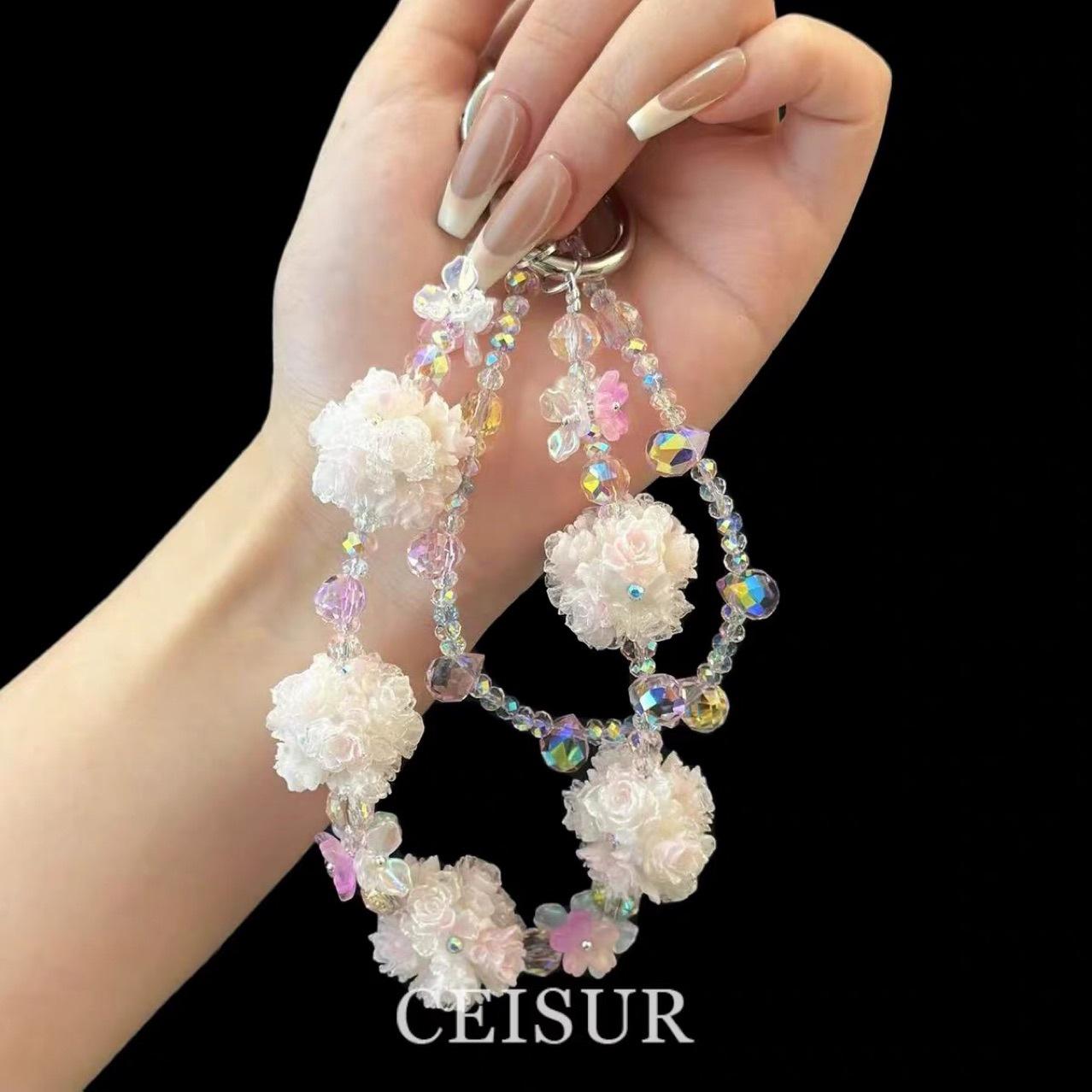 Mobile phone lanyard, luminous color-changing flower ball strap, bag crystal pendant, personalized and stylish car accessory