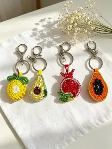 Handmade Fruit Pendant Keychain, Lemon Avocado Pomegranate Papaya Beaded Rhinestone Charm, Fresh Summer Bag Accessory