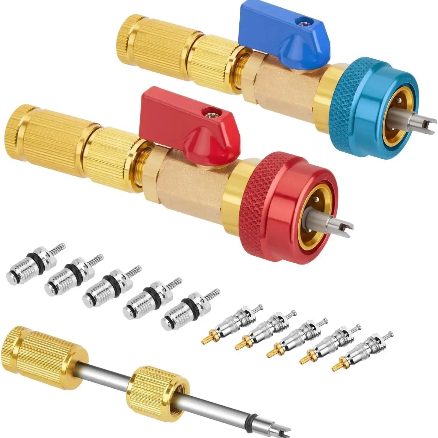 A/C Valve Core Removal Tool Set Pack, Dual-Size SAE 1/4 & 5/16 Port Installer, Includes Cores (20 PCS Teflon-Seal), 10 PCS Brass Nuts, Compatible with R22 R12 R407 R410 R404 R32 R600 A/C Systems, Father's Day Gift