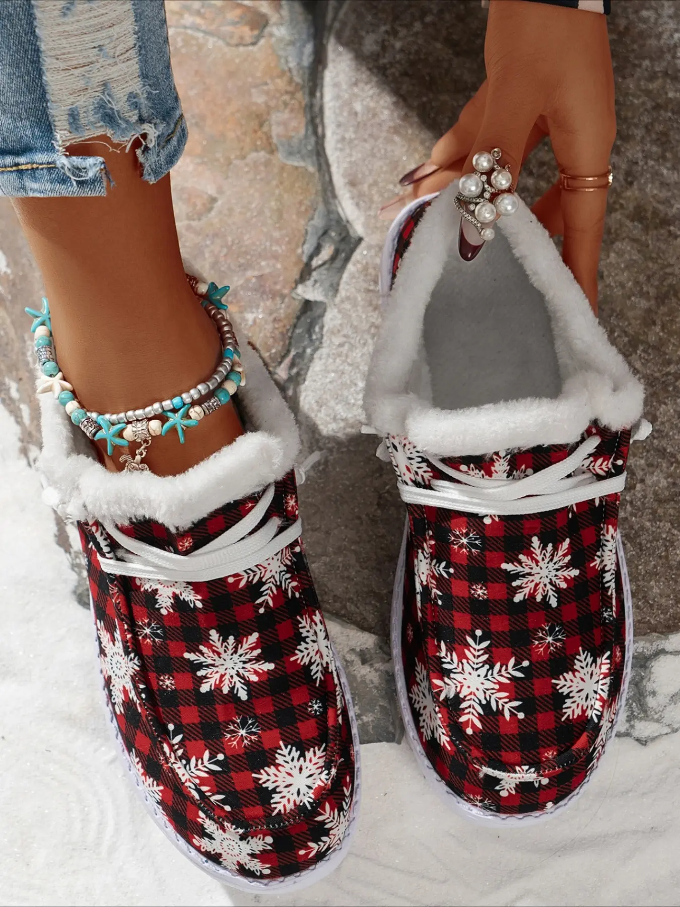 Red plaid snowflake print fleece lined shoes with fuzzy collar lace-up flat warm casual footwear for Christmas winter daily wear
