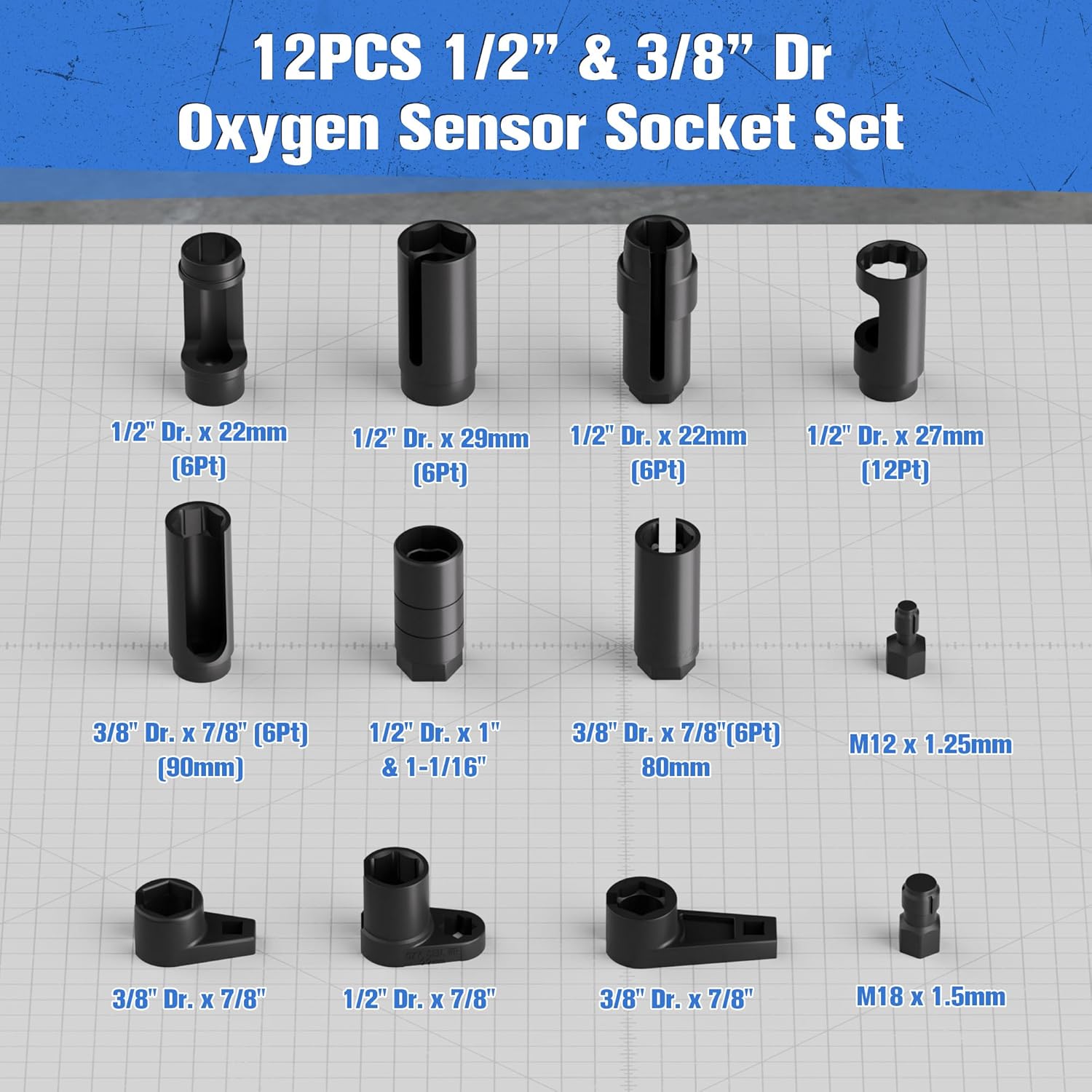 12- Sensor Socket Set & Thread Chaser Set, with 22mm 27mm 29mm 7/8" 1-1/16" Sockets 1/2" 3/8" Drive, for Oil , Vacuum, Thermal Sensors 12- Sensor Socket Set & Thread Chaser Set, with 22mm 27mm 29mm 7/8" 1-1/16" Sockets 1/2" 3/8" Drive, for Oil , Vacuum, Thermal Sensors
