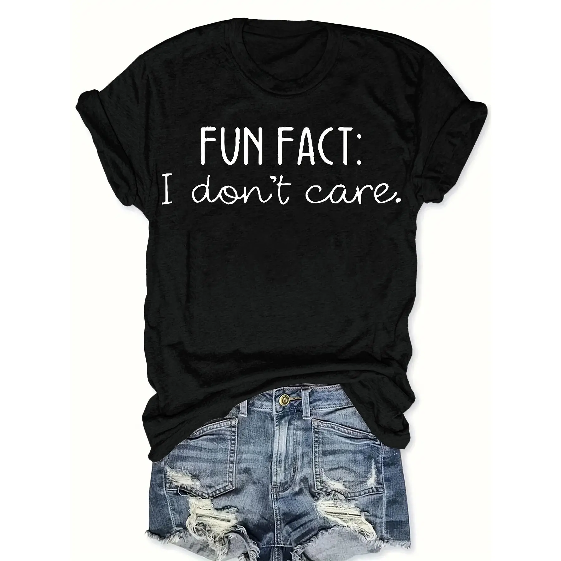 Women's "Fun Fact: I Don't Care" Slogan Graphic T-Shirt - 100% Cotton Fabric, Short Sleeve, Essential Top, Sarcastic Humor, Casual Wear, Round Neck, Breathable, Machine Washable, S-5XL, Black/White, All Seasons, Gift for Her