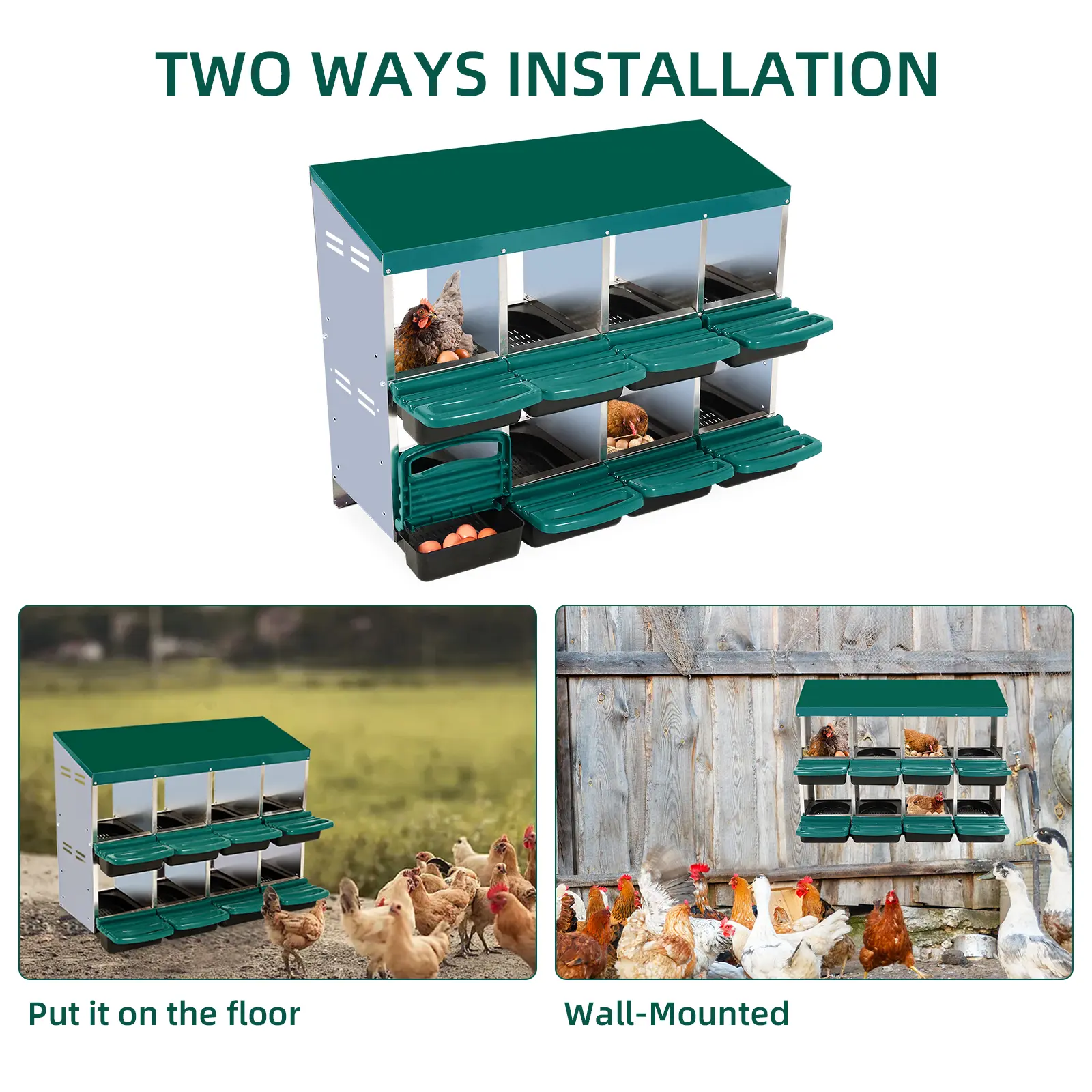 Chicken Nesting Boxes, 8 Compartments Nesting Box for Chickens Egg Laying, Heavy Duty Metal Poultry Nest Box with Roll Out Egg Collection, Swing Perch, Vented Holes