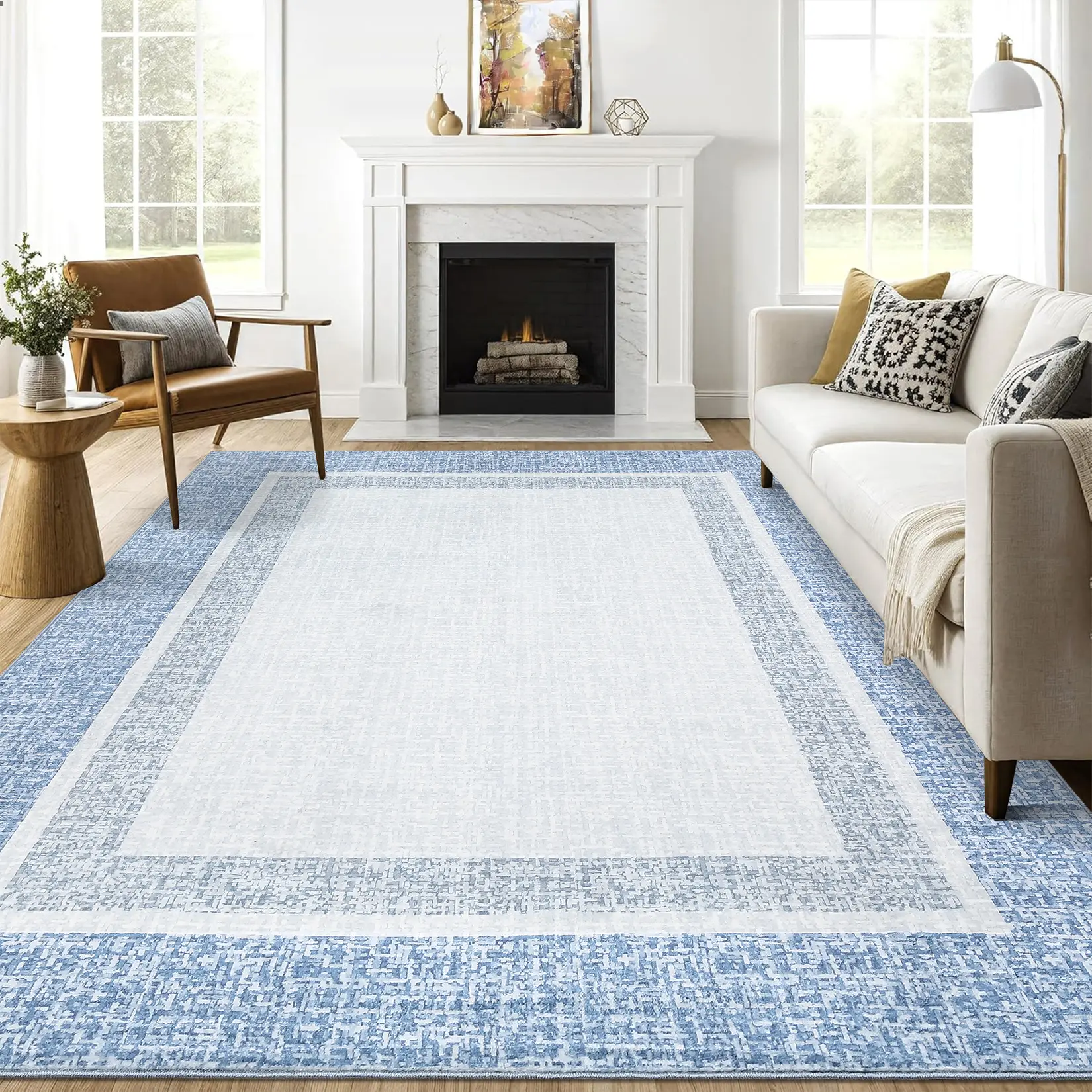 Area Rug Modern Bordered Floor Carpet with Non-Slip Backing, Washable Low Pile Accent Rug, Foldable Contemporary Indoor Mat for Kitchen, Bedroom, Laundry Room