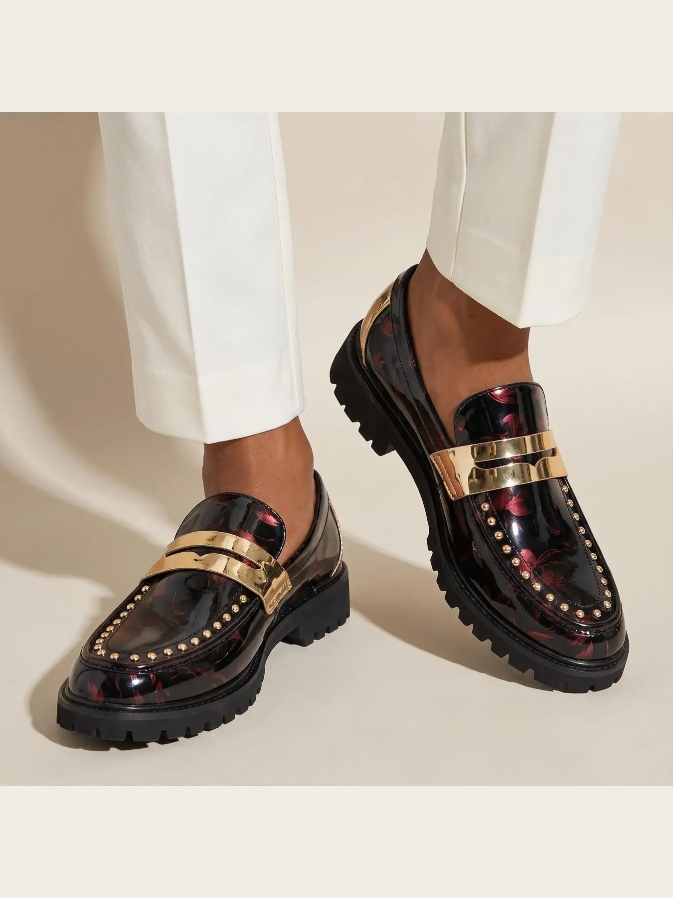 Men Fashion Black Red Floral Patent Leather Penny Loafers, Luxury Gold Metal Buckle & Rivet Decor Slip On Dress Shoes, Non Slip Thick Sole Business Casual Footwear For Party Wedding Daily Wear Shop Now