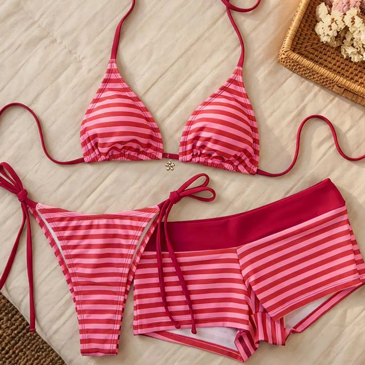 Women's 3-Piece Striped Sporty Bikini Set - Halter Neck, Low Waist, Side Ties, Adjustable Beach Swimsuit for Summer Adventures, Bathing Suits Set, 2026 Trendy Holiday Swimwear ,luxury beach vacation brazilian,halter triangle,halter neck swimwear