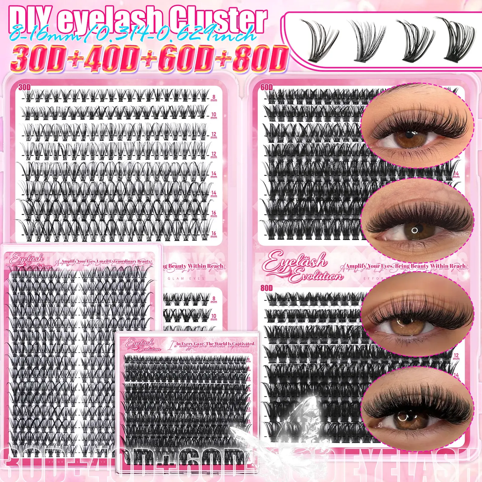 Goddess Style DIY False Eyelash Extension Kit, 30D-80D Various Styles, Lash Clusters Kit 8-16mm Fluffy Wispy Volume Manga Cat Eye Fox Eye Doll Eye Lashes Soft Comfortable Beginner Friendly