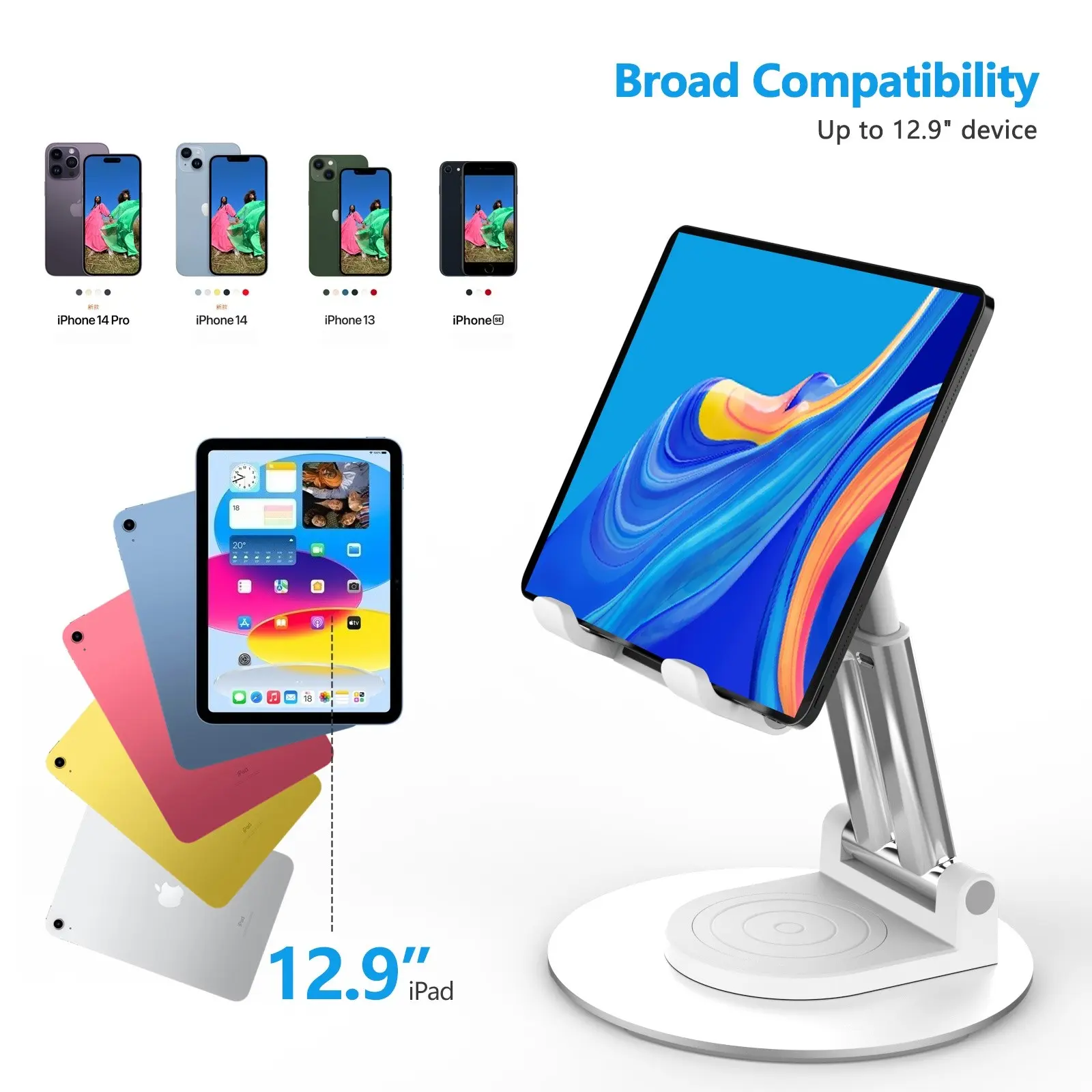 360 Degree Rotating Phone Tablet Stand, Foldable Adjustable Desktop Holder, Multi-Angle Height Adjustable, Compatible with Apple Devices, Heavy Base, iPad Holder for Desk