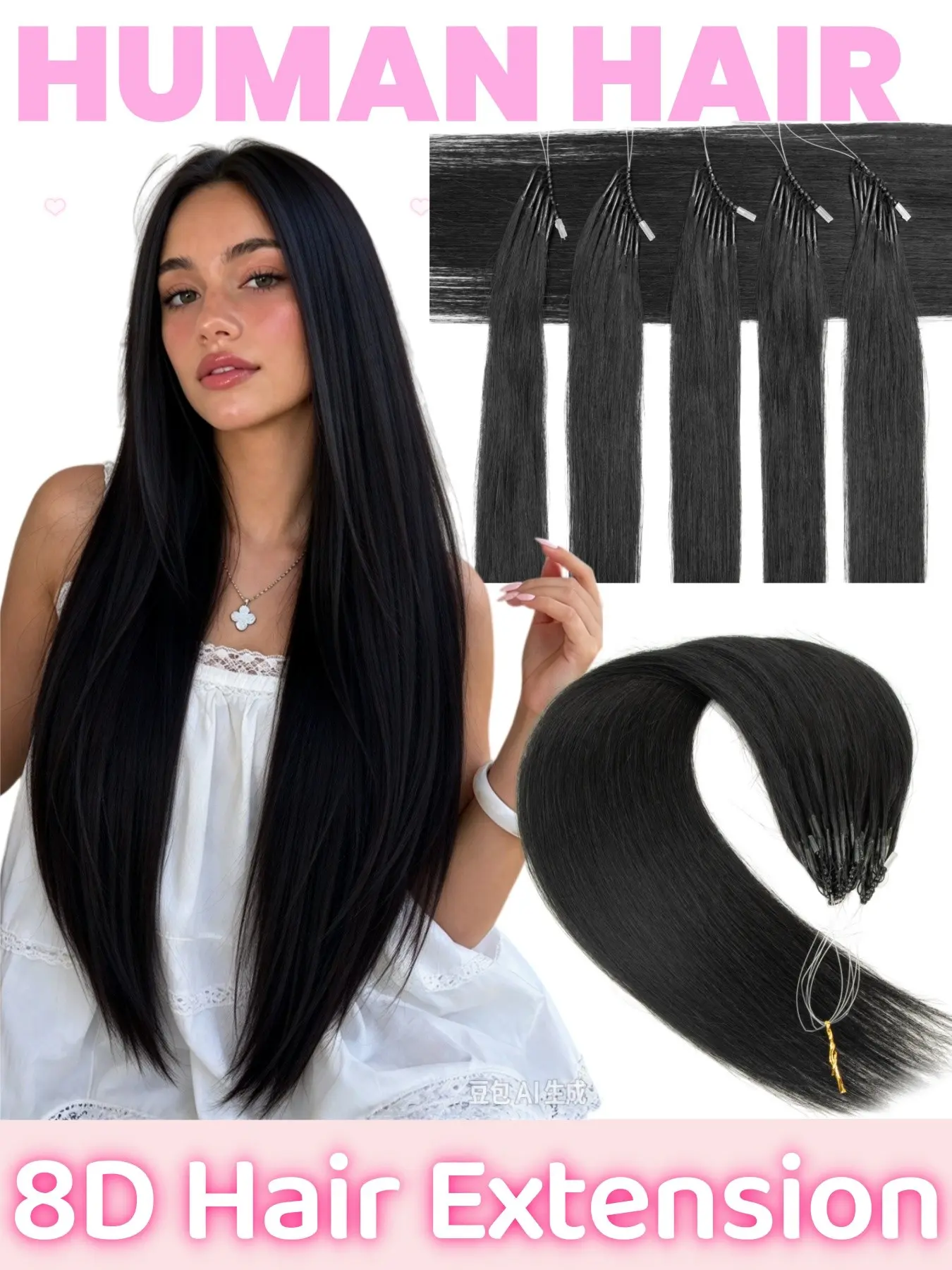 8D Hair Extensions, 30G, 50 Strands/Pack, 12-20 Inch Remy Human Hair Extensions, Natural Black Real Human Hair Extensions for Women, Soft Straight Hair Extensions, Easy to Use for Daily Wear, Party, and Salon Hairstyles, All Human Hair