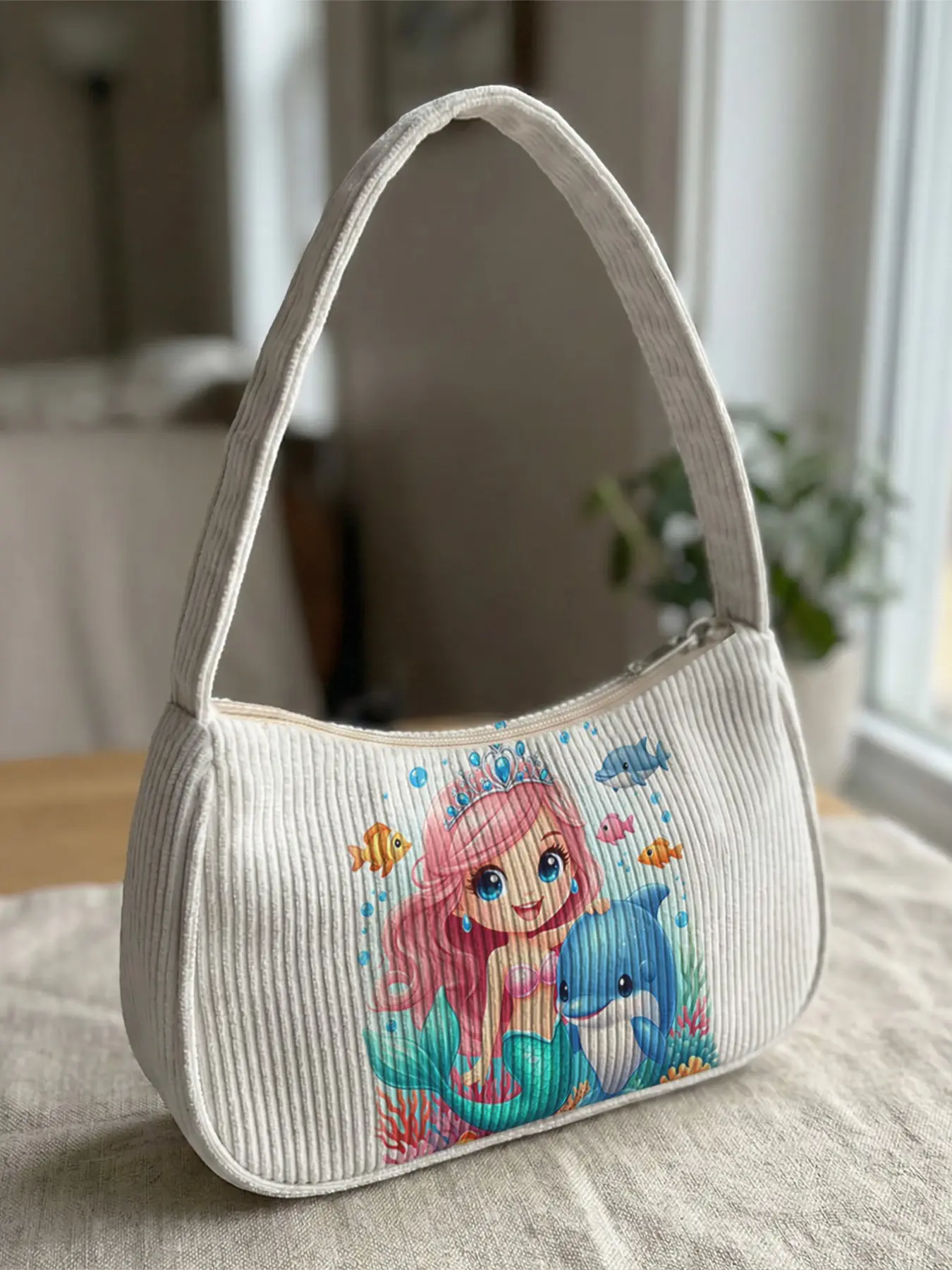 Mermaid Pattern 2D Print Shoulder Bag, Velvet Crossbody Bag, Retro Style, Casual All-Season Satchel, Perfect for Daily Use, Dating, Shopping