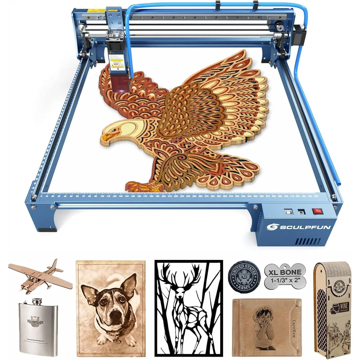 S10 Laser Engraver-Cutter, 10W Optical Power High Accuracy Machine with Industrial X-axis Linear Slide Rail, Air Assist Nozzle for Wood, Stainless Steel, Cardboard, Leather, Bamboo