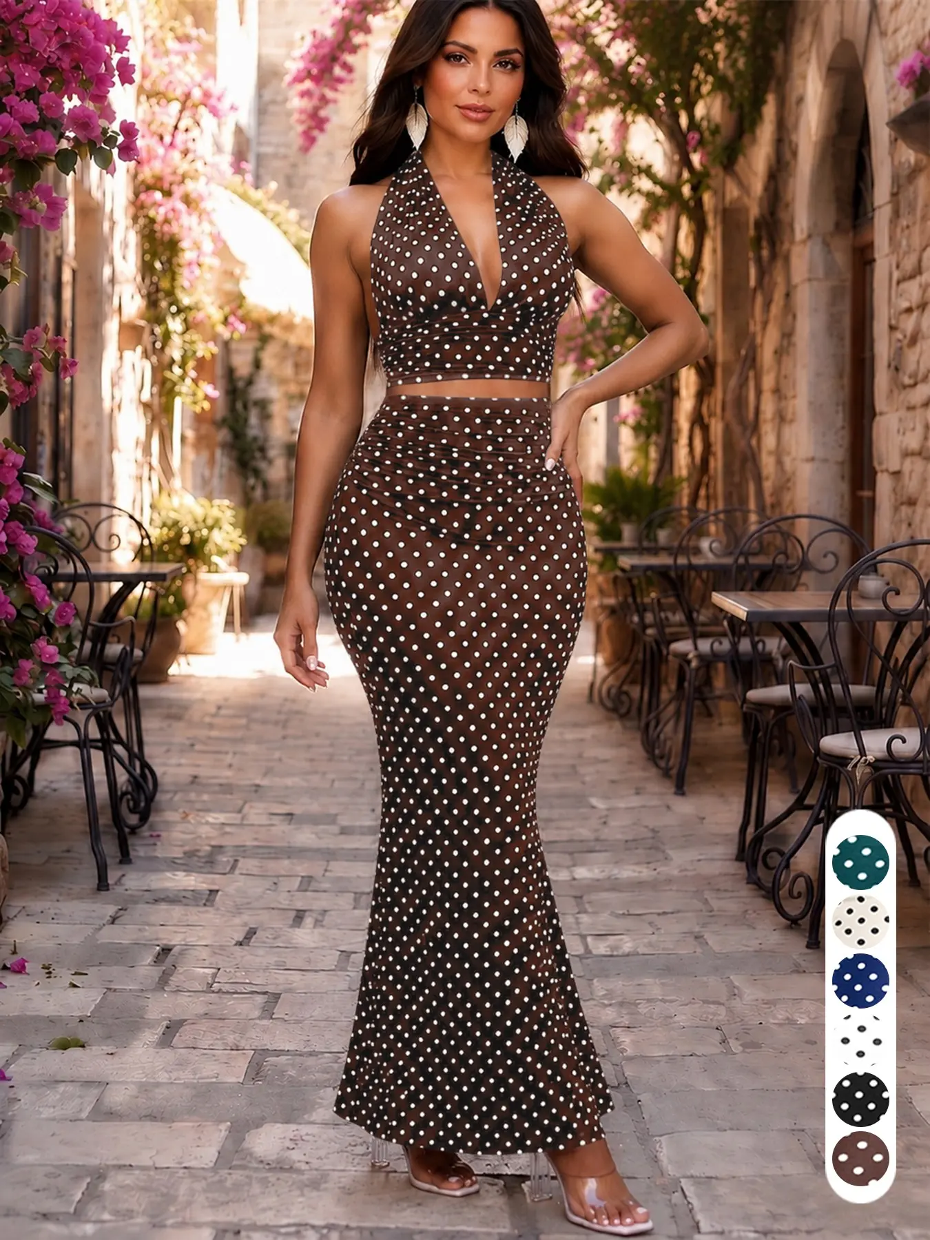 Women's Polka Dot Halter Neck Two-Piece Set, Sexy Backless Ruched Short Top with High-Waisted Long Skirt, Elegant Party