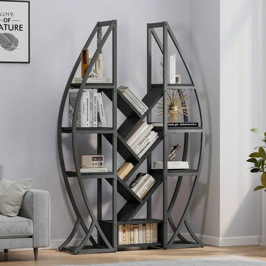 5 Tier Bookshelf Industrial Etagere Bookcase Oval Bookshelf Large Display Shelves Living Room Home Office