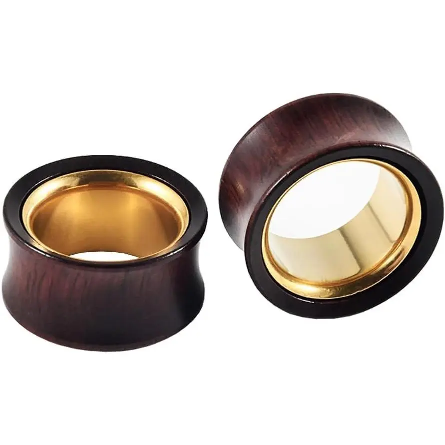 2PCS Hollow Gold Stainless Steel/Sandalwood Two Tone Ear Tunnels Plugs Double Flared Expander Ear Gauges Stretched Piercing Body Jewelry(Gift)