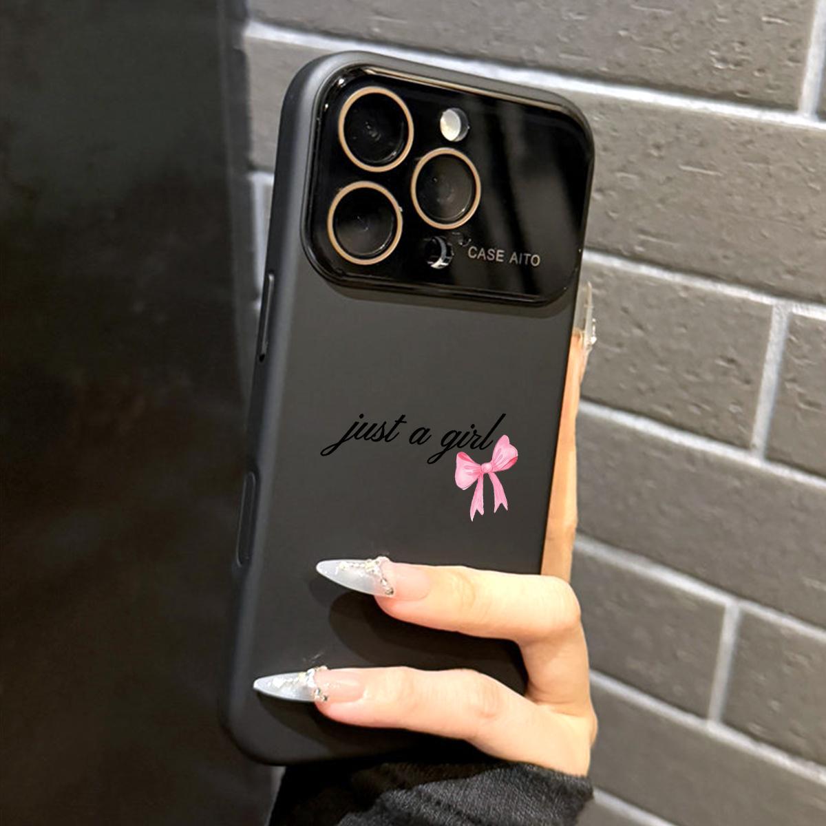 Personalized Simple Letter &Pink Bow Slogan Dopamine Ins Style Solid Color Phone Case with Ultra Skin friendly Touch, All Inclusive Lens Phone Case Suitable for iPhone 17 16 15 14 13 12 Pro Max Air