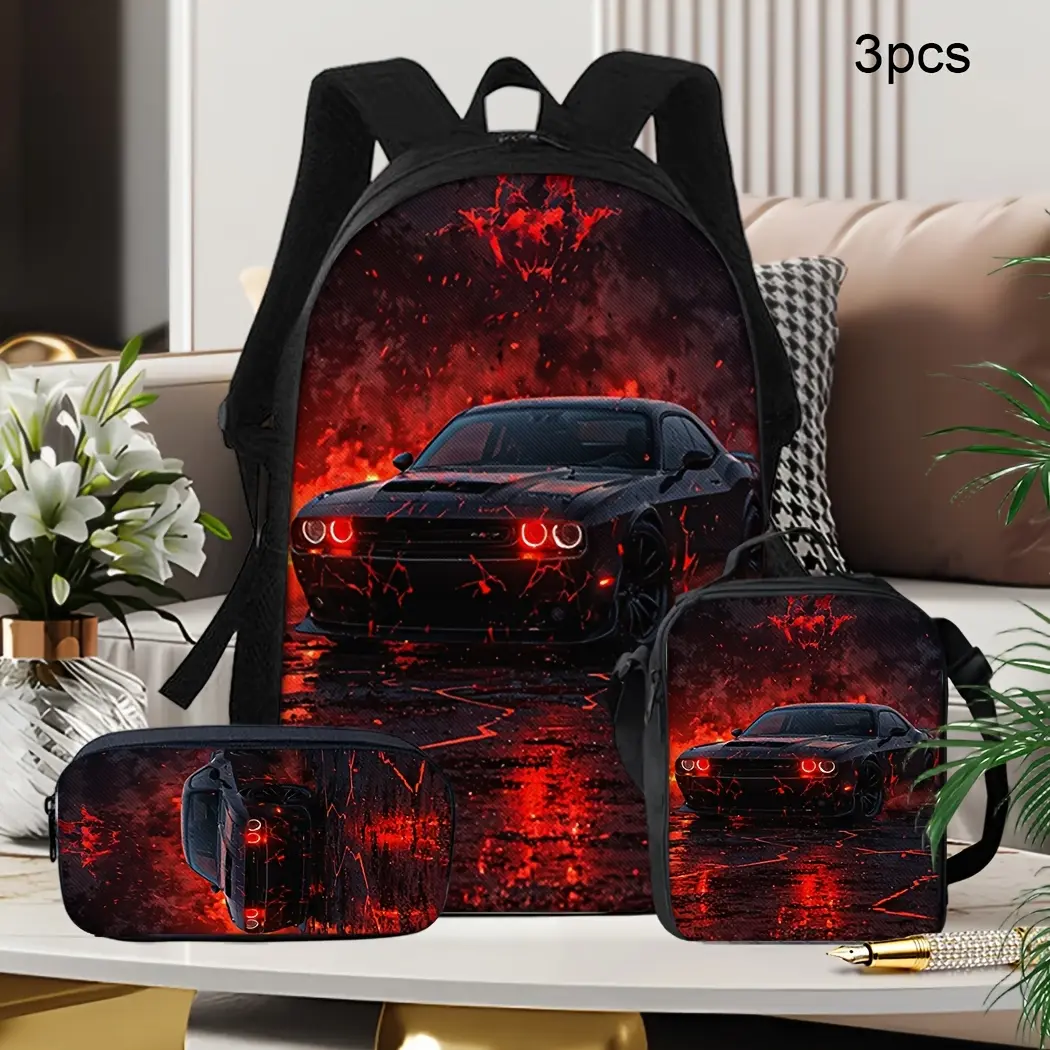 Unisex Polyester 3-Piece Coordinated Black Muscle Car Backpack Set for Kids - Red Lava Lightning Racing School Bookbag with Lunch Bag, Pencil Case, Night Drive Travel Daypack, Back to School Gift, Bag Set, Kids/Teens