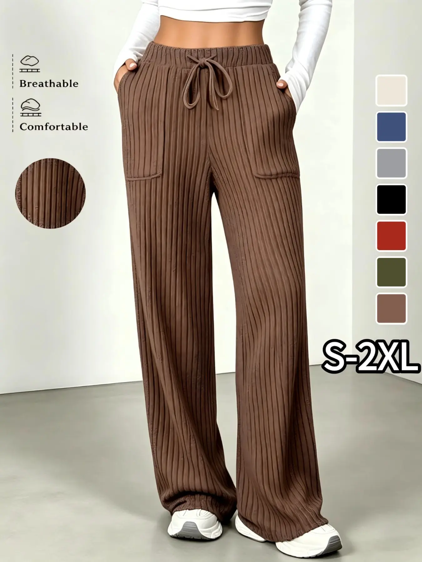 High Waisted Adjustable Drawstring Wide Leg Casual Soft Touch Trousers with Side Pockets - Women's Everyday Cozy Loungewear & Home Pants, Holiday Casual Bottoms, Minimalist Design