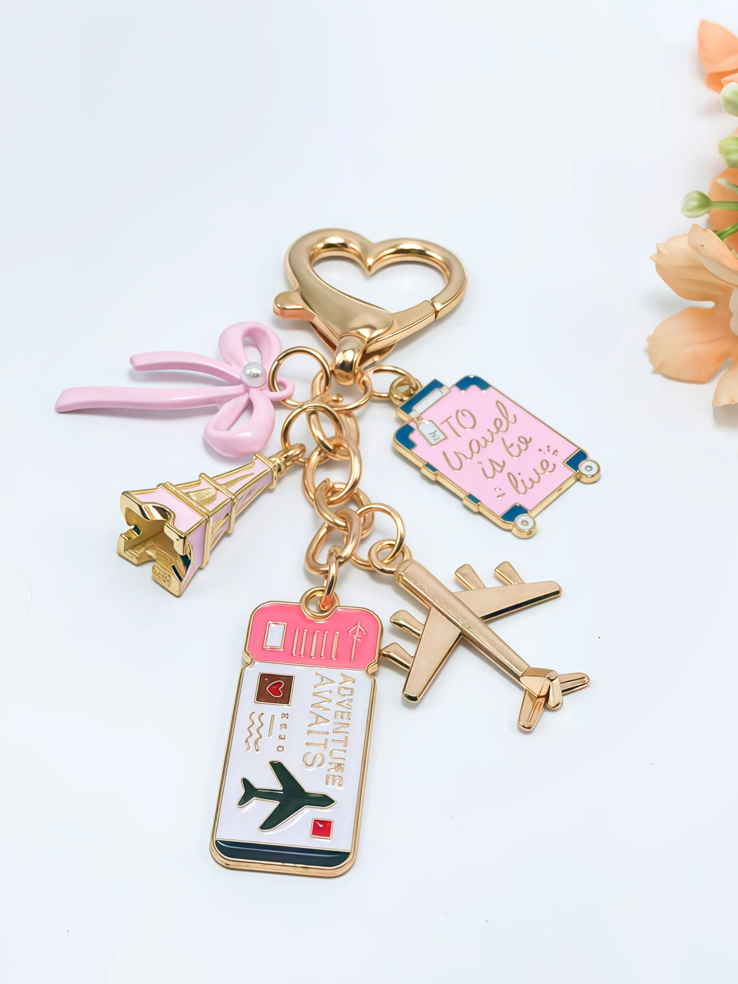 Paris Travel Theme Keychain, Eiffel Tower Airplane Boarding Pass Luggage Tag, Bow Heart Charm, Travel Enthusiast Gift