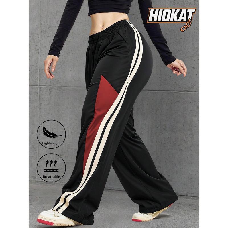 Women's Y2K Colorblock Polyester Athletic Joggers - Elastic Waist Drawstring, Breathable Full-Length Wide-Leg Jogger Style Training Pants for Running, Street Casual, Athletic Women's Sports Joggers