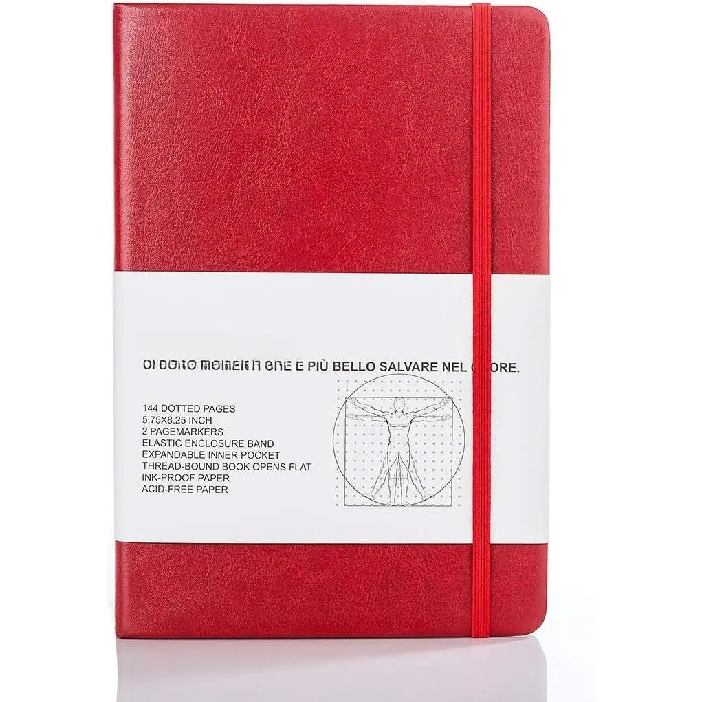 Classic Dotted Grid  Notebook Journal Dot Hard Cover A5  80gsm Thick Acid-Free Paper with Fine Inner Pocket Faux Leather Office School Supplies 144 Pages Designed in Florence