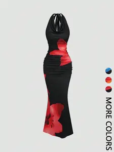 Women's Floral Halter Neck Long Dress, Ruched V-Neck Slim Fit Mermaid Tail, Elegant Formal Evening Wear, Perfect for Parties and Events