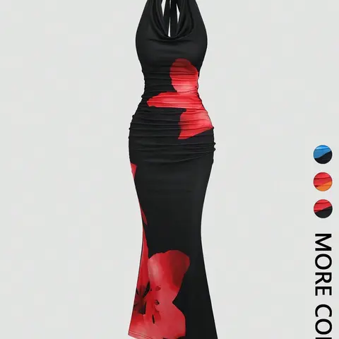 Women's Floral Print Cowl Neck Halter Tie Back Mermaid Maxi Dress, Side Ruched Bodycon Fit, Party Club Night Out Wear, No Necklace Included