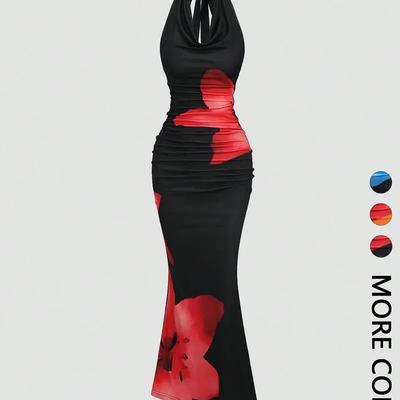 Women's Floral Print Cowl Neck Halter Tie Back Mermaid Maxi Dress, Side Ruched Bodycon Fit, Party Club Night Out Wear, No Necklace Included