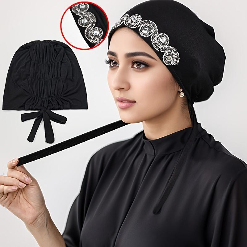 Breathable Windproof Hijab Hat with Rhinestone, Solid Color Scarf for Prayer