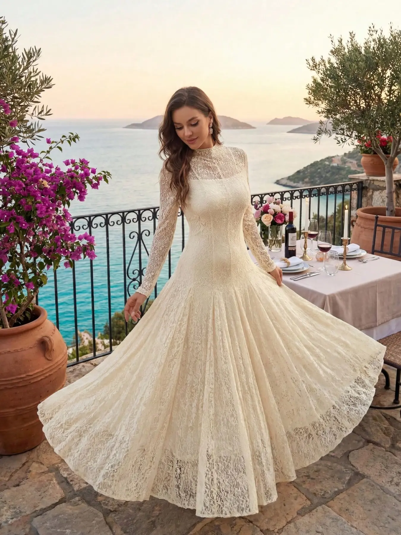 Elegant Lace Long Dress, High Neck Long Sleeve Flowy A-Line Gown, Vintage Floral Lace, Women's Spring Summer Wedding Guest Formal Wear, Wedding Guest Dresses