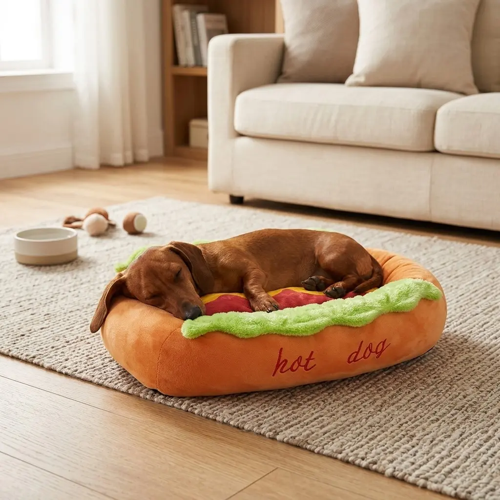 Hot Dog Bed，Durable Build & Machine Washable，Hilarious & Comfortable，Perfect For Small Dogs