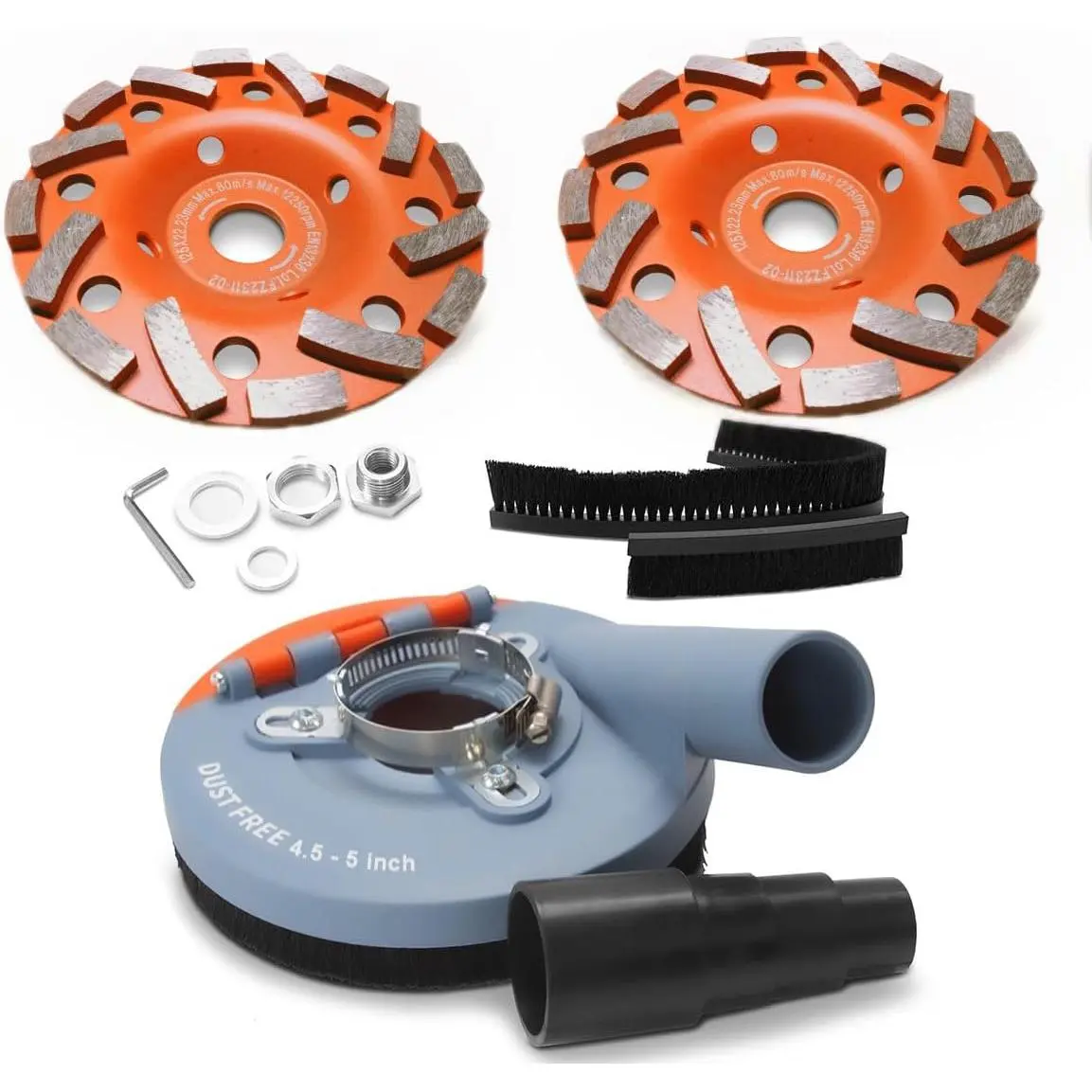 Dust Shroud Kit for Angle Grinders - Fits 4.5-5" Grinders, Includes 2 PCS 5" High-Strength Grinding Cup Wheels, Brush, Full Kit for Concrete/Marble Surface Dust Control