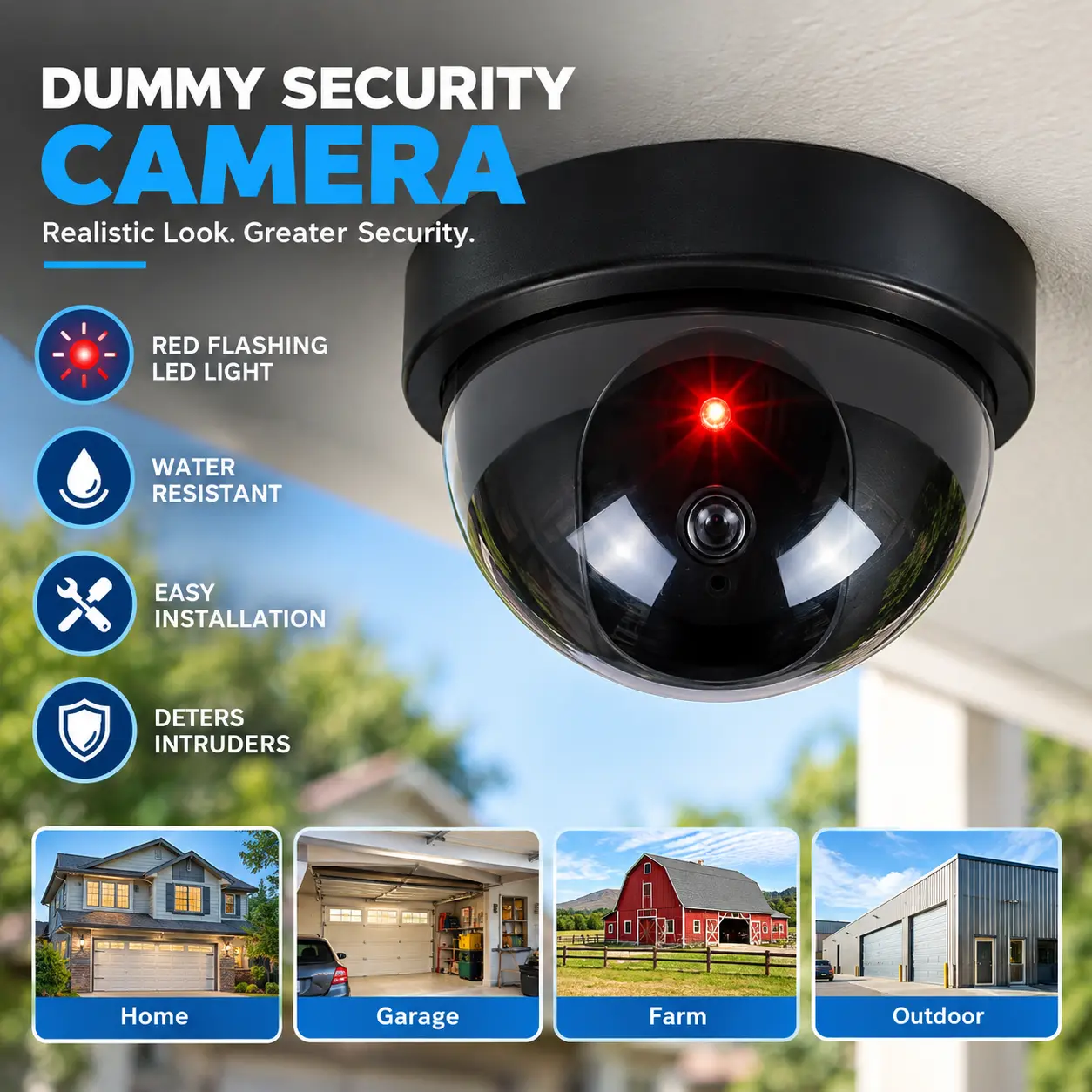 Dome Shaped Dummy Security Camera with Red Flashing LED, Water-Resistant Simulated Surveillance Camera for Indoor Outdoor Home Garage and Farm Use