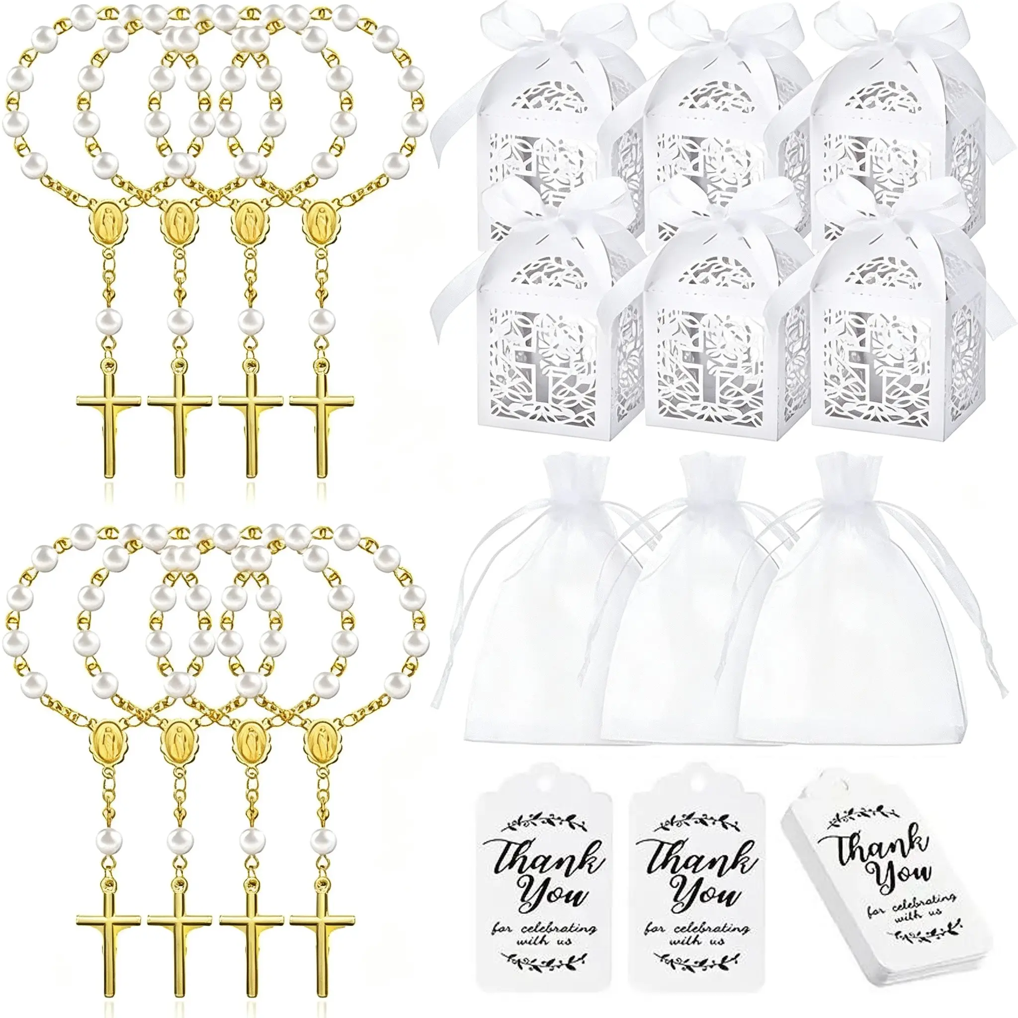 120 Rose Beads Baptism Set Includes Mini Rose Beads, Cross Boxes, Gift Bags, Thank You Paper Tags, Perfect for Baptisms and Wedding Decorations, Religious Gifts, Faith Based Gift, Christian Gift, Gift Sets