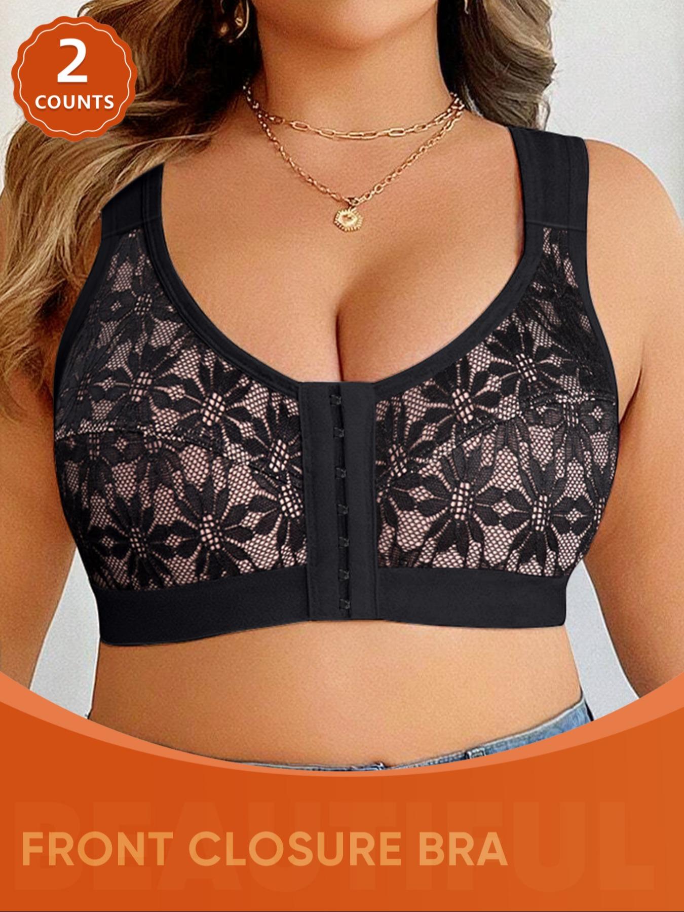 2 Pack Plus Size Women's Everyday Bras, Full Coverage Soft and Breathable Thin Cup, Front Closure Push Up Underwear for All Seasons