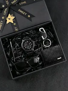 Men's Casual PU Leather Quartz Watch Set, Round Face, Hardlex Glass, Zinc Alloy Case, Gift Box, Ideal for Daily Use, Travel, Parties