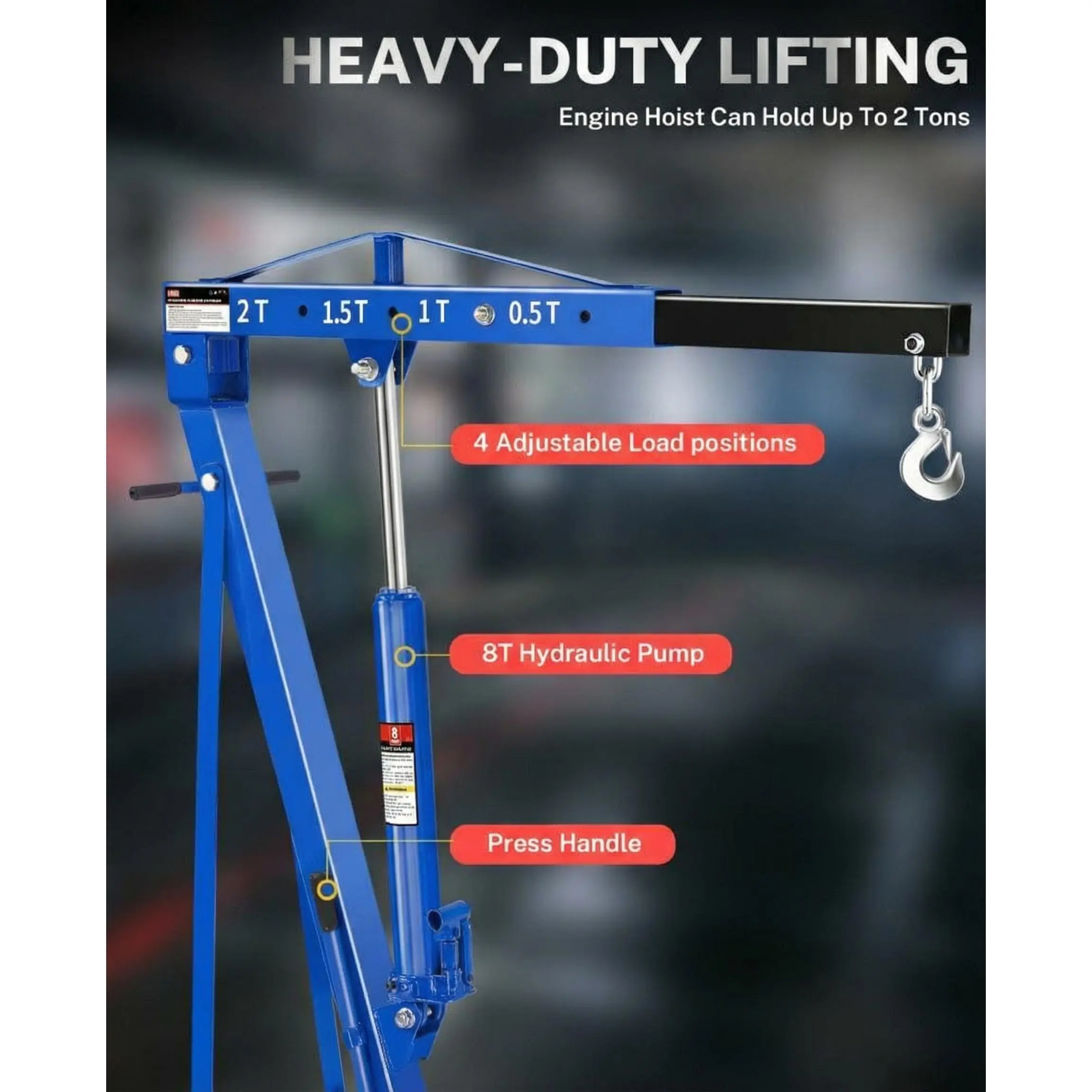 2 Ton Engine Hoist Cherry Picker – Heavy-Duty Portable Hydraulic Crane with 4400 Lbs Capacity, 6 Steel Casters & Foldable Design for Truck Engines, Boat Motors & Farm Equipment
