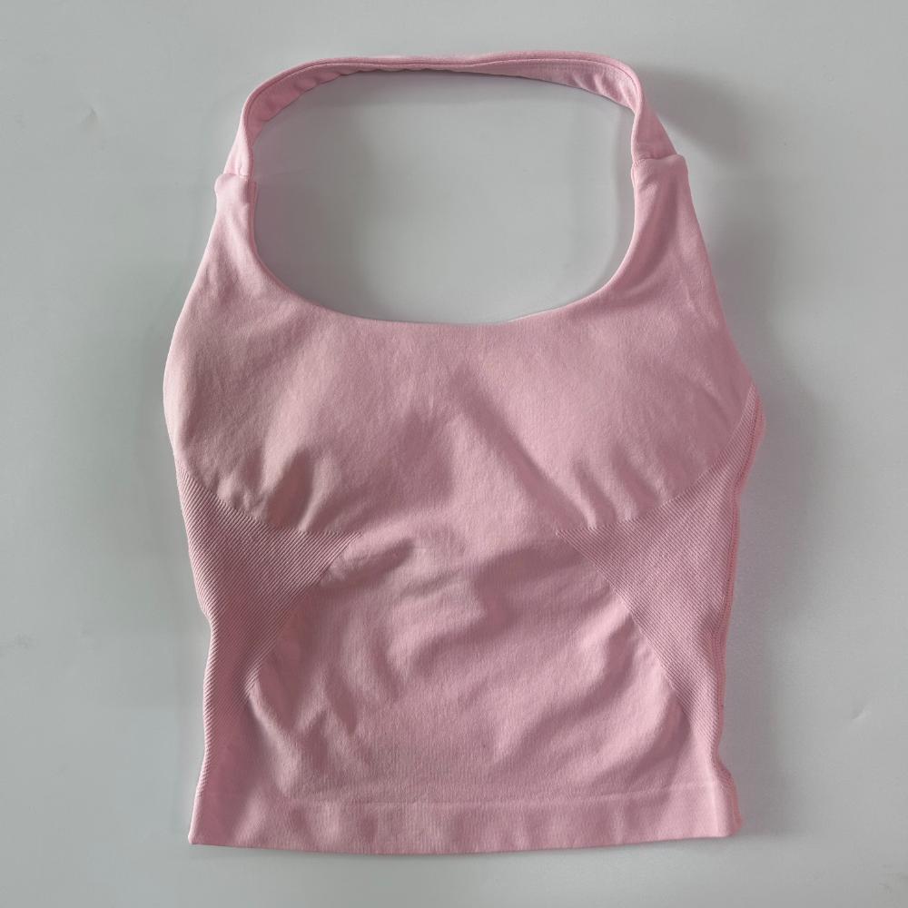 Seamless Halter Top Backless Longline Strappy Padded Gym Top Women Built-in Bra Removable Cups Activewear Yoga Workout Tank Tops