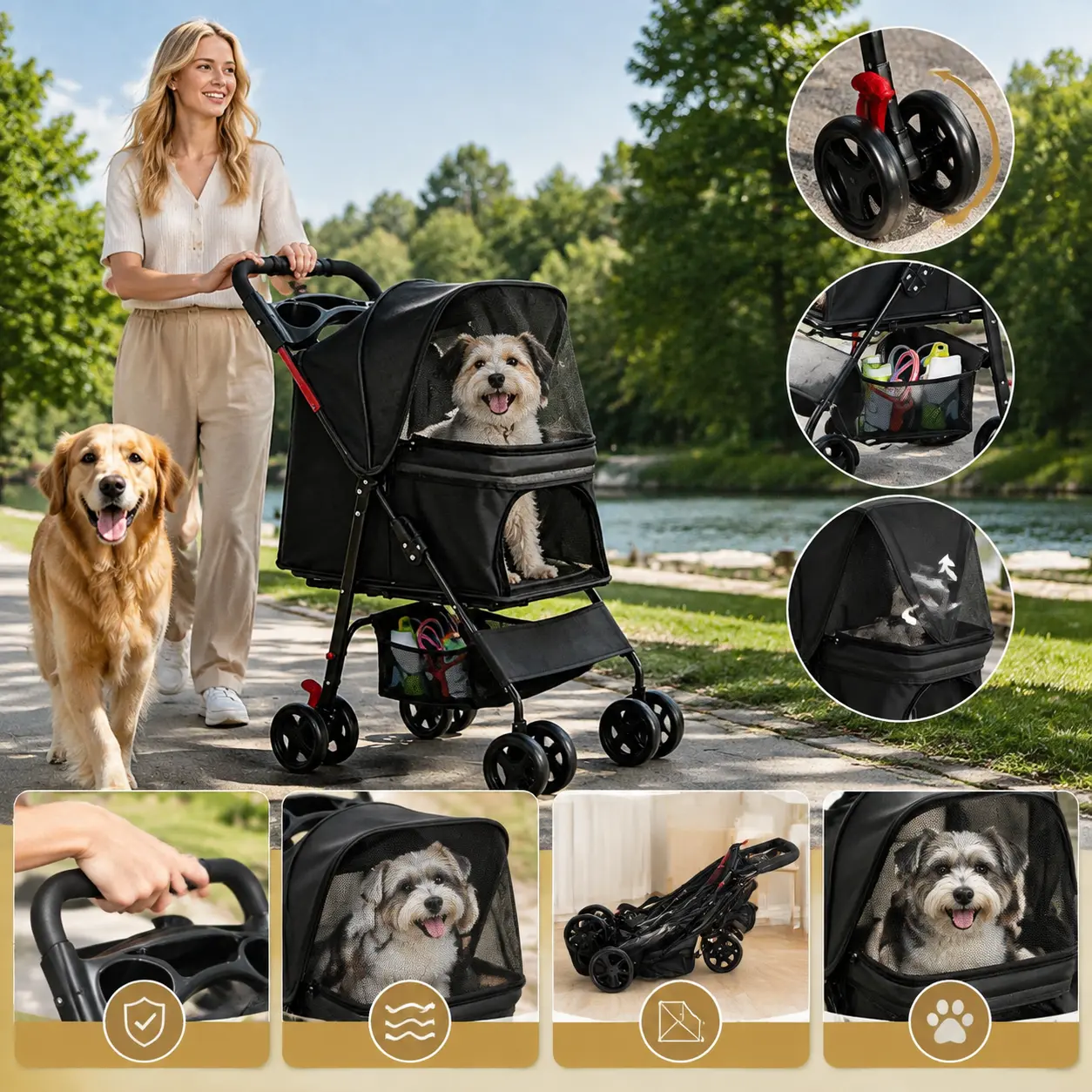 Foldable Pet Stroller for Small Medium Dogs & Cats, Lightweight 4-Wheel Dog Carriage with All-Terrain Tires, Cup Holder & Storage Basket, Travel Pet Cart Holds up to 28 Lbs