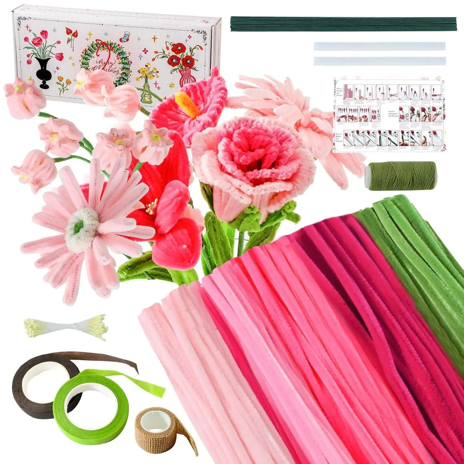 Pipe Cleaners Craft 5 Colors,Chenille Stems Plush Craft Kit, Pipe Cleaners  Kit with Floral Tape for Wedding Gifts Graduation Bouquet ()