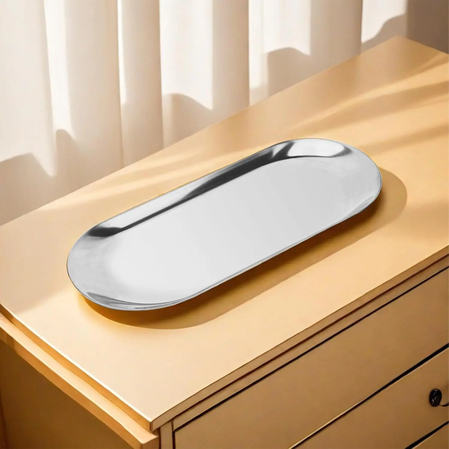 Decorative Tray Silver,Oval L12in x W4.8in,Stainless Steel Jewelry Tray,Perfume,Towel,Bathroom Vanity,Candle,Jewelry and Cosmetic Storage Decorative