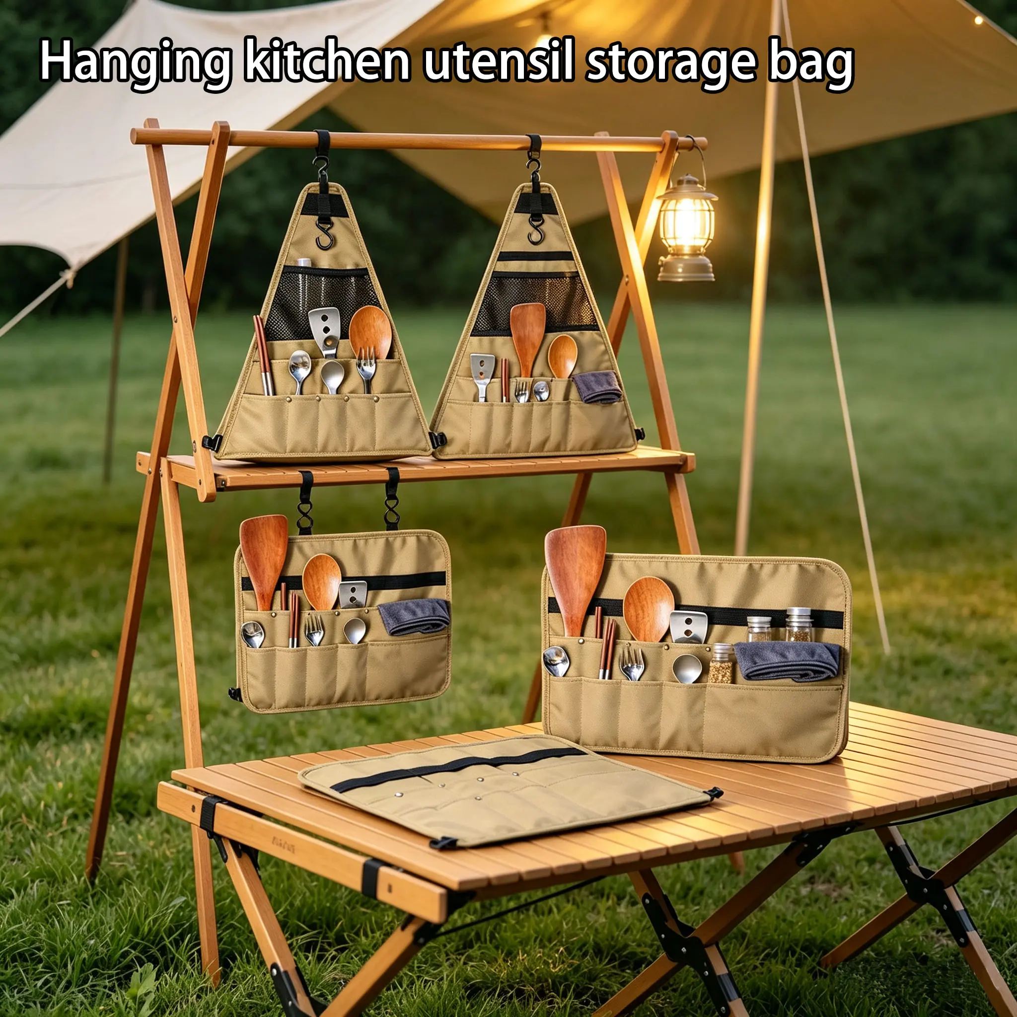 Portable Camping Cookware Storage Bag, Outdoor Picnic BBQ Utensil Hanging Organizer, Triangle Storage Pouch for Camping & Outdoor Cooking
