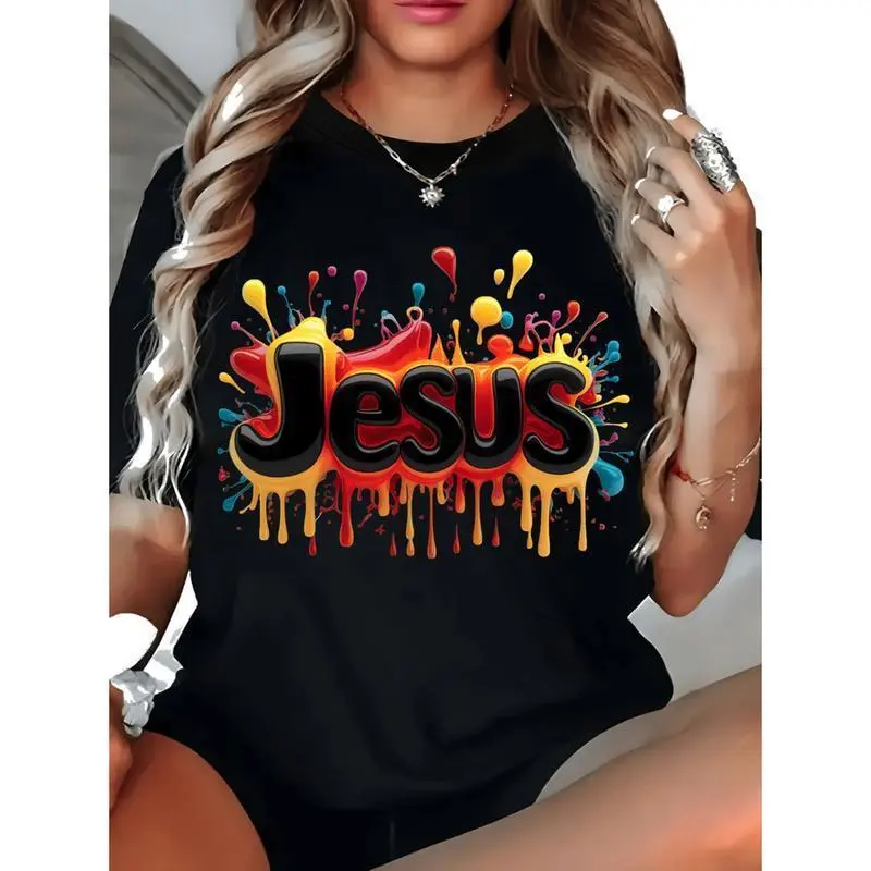 Women's Plus Size Baggy T-Shirt, Athletic Shortsleeve with a Vibrant Geometric Print for Casual Streetwear, Tshirt, Oversize, Colorful Style, Plus Size Basics, Digital Print, Loose-Fit, Tops, Street Chic, Korean, All Seasons