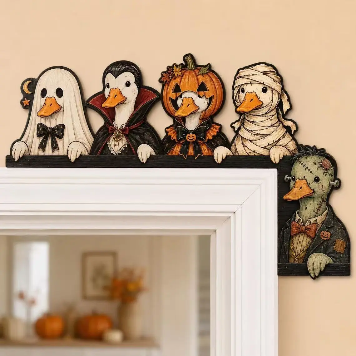 Halloween Vintage Wooden Door Frame Decor, Spooky Duck Shape Corner Decoration, Rustic Farmhouse Style, Indoor Halloween Party Decor Ornaments