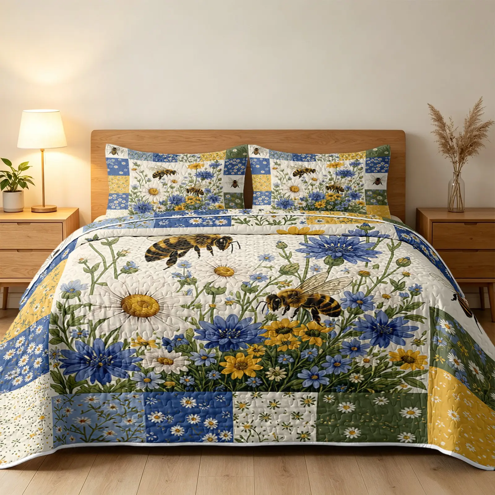 3Pcs Bee Cornflower Daisy Patchwork Quilt Set, Botanical Quilt Set, 1 Quilt With 2 Pillowcases Multi Color Floral Patch Block Border Reversible Comfort Bedding No Inner Filling All Season Use