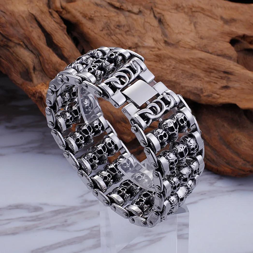 Punk 316L Stainless Steel Multiple Skull Heads Charm Bracelet for Men, Biker Hand Chain, Gothic Heavy Metal Jewelry,