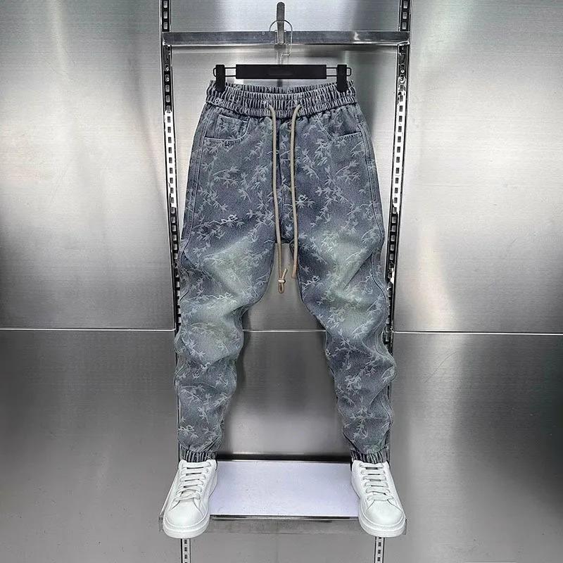 Jacquard American Classic Jeans Fashion Joints Harem Pants High Quality Loose Harajuku Straight-Leg Trousers Men's Clothing Menswear Black Casual Streetwear Denim