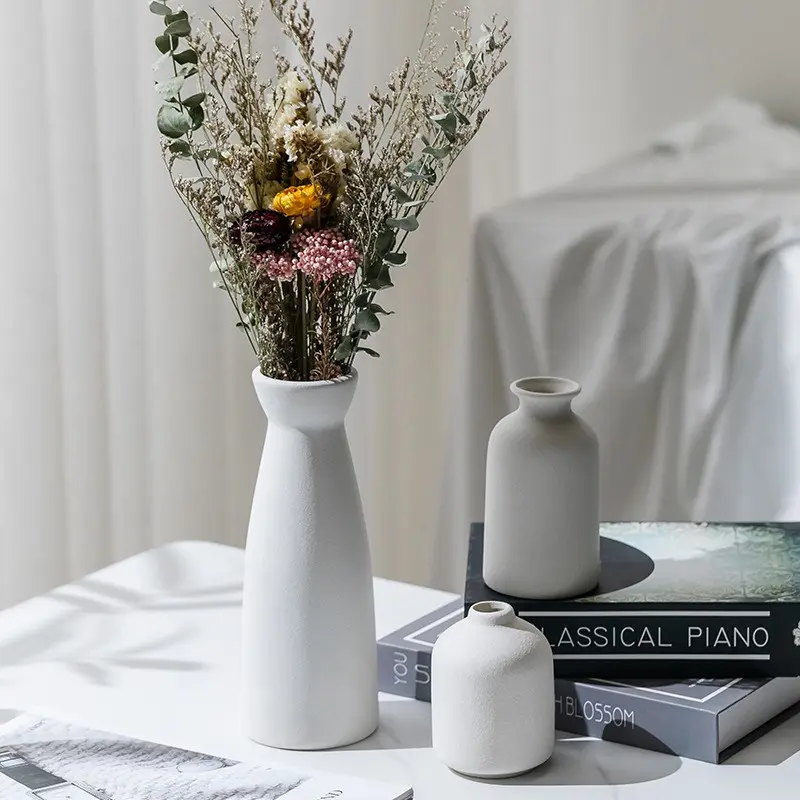 3 Piece Neutral Bohemian Ceramic Vase Set, Matte Finish, Cylindrical, Elegant Home and Living Room Decor, Ideal Mother's Day Gift